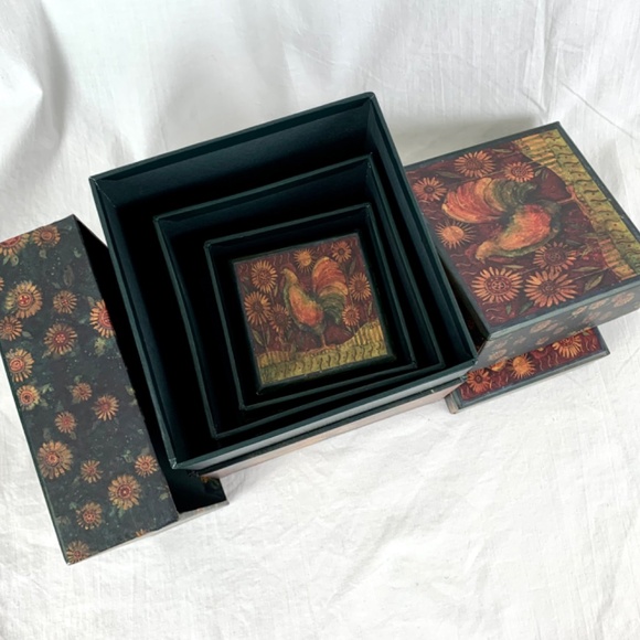 Vintage Bobs Boxes 4 Stacking Nesting Roosters Chickens Rise and Shine Excellent - Picture 12 of 13